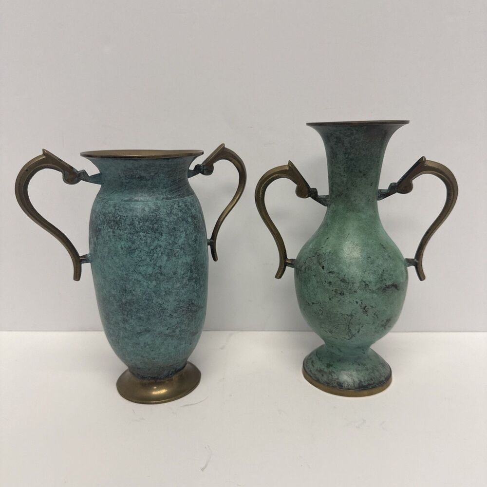 Vintage Verdigris Bronze Brass Amphora Vase Pair Classical Grand Tour Style Urns